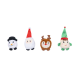 Vier plüschige, weihnachtlich gestaltete Haustierspielzeuge, darunter ein Schneemann, Weihnachtsmann, Rentier und Elf auf weißem Hintergrund.