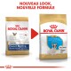 Deux sacs de nourriture pour chiens Royal Canin pour Bouledogues français, étiquetés "Junior" et "Puppy", avec "NOUVEAU LOOK, NOUVELLE FORMULE" au-dessus.