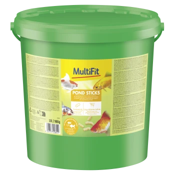 Grüner Eimer MultiFit Pond Sticks Fischfutter für Zierfische im Teich, 10L/900g, mit Goldfischabbildungen auf dem Etikett.