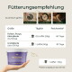 'Fütterungsempfehlung' mit NERVEN PFERDEGOLD Eimer — Fohlen/Ponys 0,5 Messlöffel (25 g) = 60 Tage; erwachsene Pferde 1 Messlöffel (50 g) = 30 Tage.