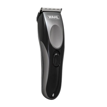 Tondeuse pour poils d'animaux Wahl noire et grise avec interrupteur d'alimentation texturé et dents de lame visibles.