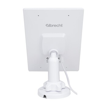 Weißer Ausstellungsständer mit einem montierten Tablet, mit dem Logo "albrecht" auf der Rückseite, entworfen für den Einzelhandel.