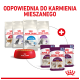 Royal Canin Katzenfutterprodukte: Trockenbeutel mit den Aufschriften "Fit," "Sterilised," "Indoor," "Sensible," und "Sensory," plus eine rote Futter-Schüssel.