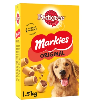 Boîte de friandises pour chiens Pedigree Markies Original, 1,5 kg, présentant un golden retriever et des images des friandises sur un fond jaune vif.