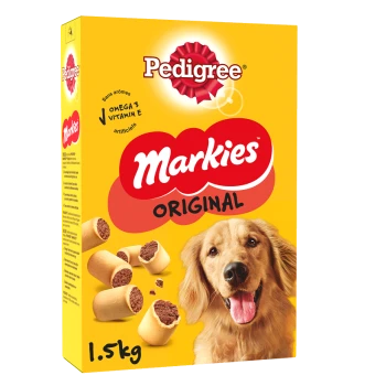 Boîte de friandises pour chiens Pedigree Markies Original, 1,5 kg, présentant un golden retriever et des images des friandises sur un fond jaune vif.