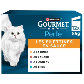 Boîte Purina Gourmet Perle, 12 x 85 g, chat blanc, « Les Filettines en Sauce », saveurs : dinde, canard, agneau, thon