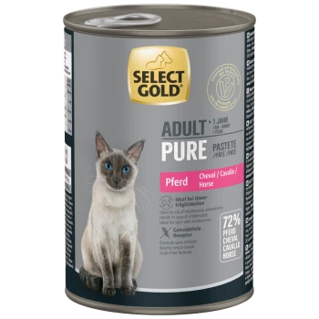 Select Gold Adult Pure cat food can with horse flavor, grain-free formula, and image of a Siamese cat.