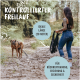 Eine tätowierte Frau mit langen Haaren hält eine 20m Leine auf einem Schotterweg mit einem braunen Hund. Text: "Kontrollierter Freilauf," "Ideale Länge."
