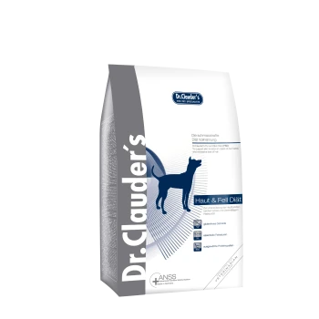 Dr. Clauder's Fur & Skin Diet Hundefutterbeutel, mit einer Silhouette eines Hundes, mit Text, der glutenfreie Körner und essentielle Fettsäuren hervorhebt.