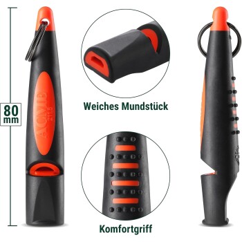 Schwarze und orangefarbene ACME Hundepfeife mit Schlüsselring, weichem Mundstück, Komfortgriff und 80 mm Länge, aus mehreren Blickwinkeln gezeigt.
