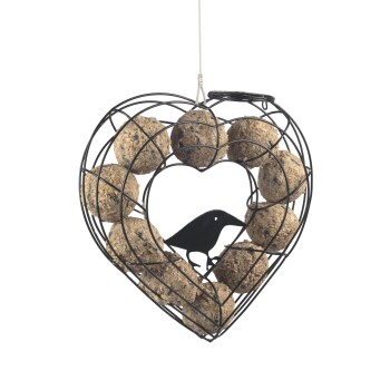 Herzförmiger schwarzer Draht-Vogelfutterspender mit zehn Samenbällen und schwarzer Vogelsilhouette in der Mitte.