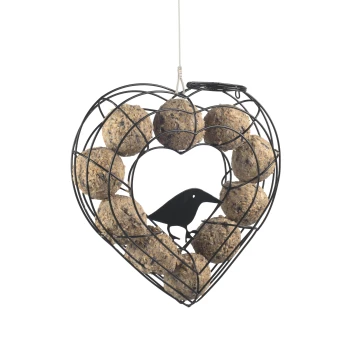 Herzförmiger schwarzer Draht-Vogelfutterspender mit zehn Samenbällen und schwarzer Vogelsilhouette in der Mitte.