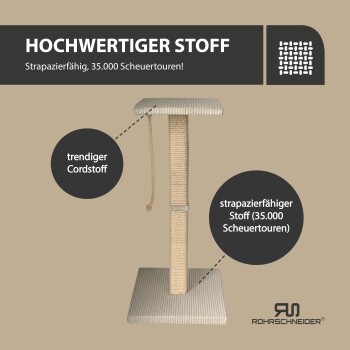 Robuster Katzenkratzbaum aus Cordstoff mit stabiler Basis, beschriftet mit "Hochwertiger Stoff" und "strapazierfähiger Stoff (35.000 Scheuertouren)".