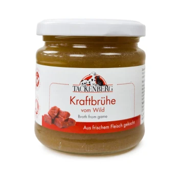 Słoik karmy dla zwierząt Tackenberg Kraftbrühe vom Wild (bulion z dziczyzny) z białą pokrywką i czerwoną etykietą.