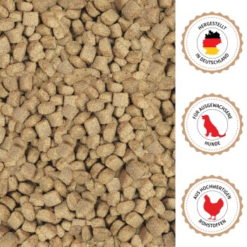 Nahaufnahme von trockenen Hundefutterpellets mit deutschem Text, der Zutaten auflistet: Weizen, Hühnermehl, Mais, Zuckerrübenschnitzel, Hühnerfett, Vitamine, Mineralien.
