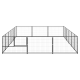 Schwarze Metall-Haustierbox-Ecke mit Gittermuster, die eine robuste Konstruktion und einen sicheren Verschlussmechanismus zeigt.