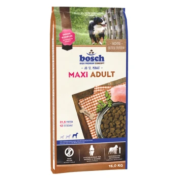 Maxi Adult 15 kg Bosch Maxi Adult Hundefutterverpackung mit einem Foto eines Hundes, Nährwertangaben einschließlich 21,5% Protein und 12% Fett.
