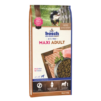 Bosch Maxi Adult Hundefutterverpackung mit einem Foto eines Hundes, Nährwertangaben einschließlich 21,5% Protein und 12% Fett.