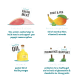 Afbeelding van ingrediënten voor huisdierenvoer: eend, kip, banaan, mango, erwten, zalmolie en prebiotica voor spieren, vitamines, omega en darmgezondheid.