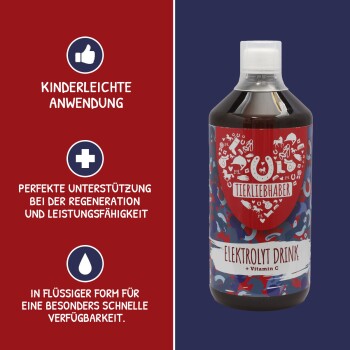 Elektrolytgetränk für Haustiere in einer roten und blauen Flasche, das einfache Anwendung, Regenerationsunterstützung und schnelle Absorption fördert.