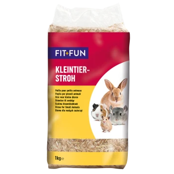 Un sac de 1 kg de paille pour petits animaux FIT+FUN, présentant des images d'un lapin, d'un cochon d'Inde, d'un hamster et d'un chinchilla à l'avant, avec un texte multilingue.