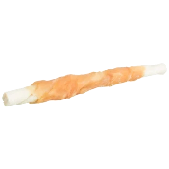 A chewy dog treat shaped like a stick, wrapped in a layer of chicken, with a white bone-like core.