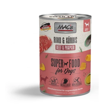 Puszka MAC's Super Food dla psów, smak wołowina i dynia, bez zbóż, o wysokiej zawartości mięsa, wyprodukowana w Niemczech, dla dorosłych psów.