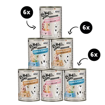 Stapel Lucky Jim Nassfutterdosen für erwachsene Hunde (Huhn & Forelle, Huhn & Leber, Rind & Lamm) mit den Aufschriften 'Made in Germany' und '6x'.