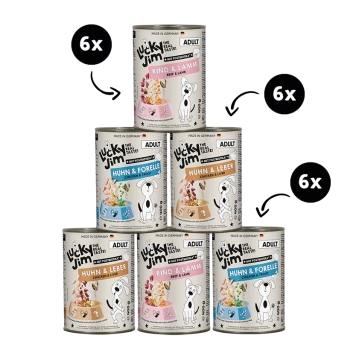 Stapel Lucky Jim Nassfutterdosen für erwachsene Hunde (Huhn & Forelle, Huhn & Leber, Rind & Lamm) mit den Aufschriften 'Made in Germany' und '6x'.