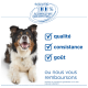 Chien souriant à côté de la garantie française et de la liste de contrôle : « Garantie 100 % satisfait ou remboursé » — qualité, consistance, goût.
