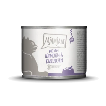 Kattenvoerblik gelabeld 'Mjamjam' met kip en konijn, met voedingsdetails en 'graanvrij' benadrukt.