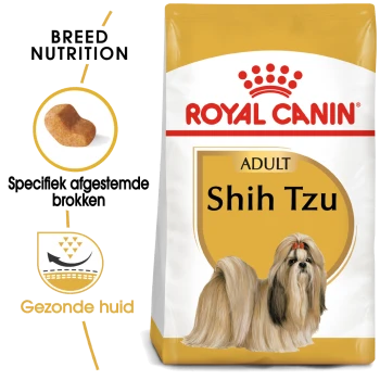 Royal Canin Adult Shih Tzu hondenvoer zak met een illustratie van een Shih Tzu, met tekst die de specifieke voeding voor het ras en gezonde huid benadrukt.