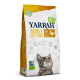Yarrah Bio Katzenfutterbeutel für Erwachsene mit dem Gesicht einer Katze, mit hervorgehobenen 30% Protein und 14% Fett sowie einem Etikett für recycelbare Verpackung.