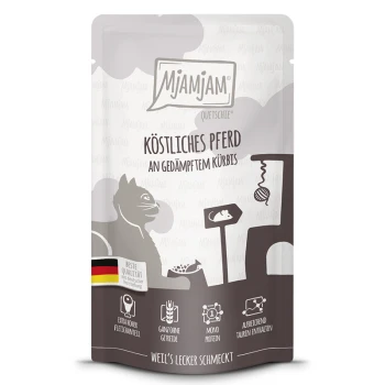 MIAMJAM-Tüte für Haustiere mit Katzensilhouette, Aufschrift 'Köstliches Pferd an gedämpftem Kürbis', deutsches Qualitäts-Siegel und 'Weil's lecker schmeckt'.