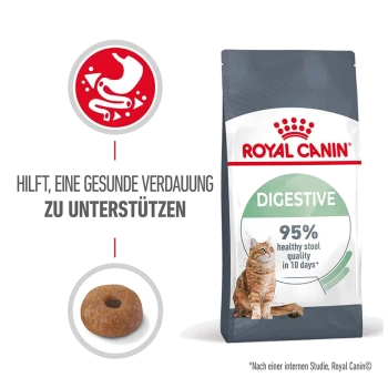 Royal Canin Digestive Katzenfutterbeutel mit einer Katze, behauptet, die gesunde Verdauung zu unterstützen, und besagt "95% gesunde Stuhlqualität in 10 Tagen."