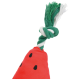 Rotes, wassermelonenförmiges Hundespielzeug mit schwarzen Samen und einem grünen und weißen geknoteten Seilgriff.
