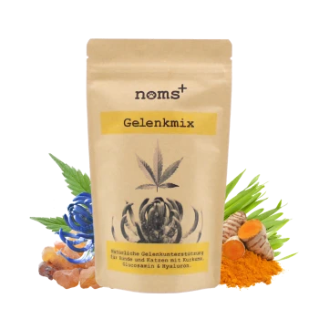 Natürliche Gelenkunterstützungsmischung für Hunde und Katzen, mit Kurkuma, Glucosamin und Hyaluronsäure, in einem braunen Papierbeutel.