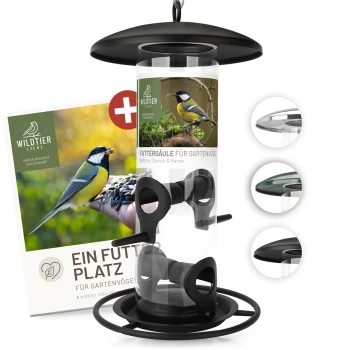 Futtersäule für Samen, Körner & Kerne 26cm, Schwarz Klarer Vogelhäuschen mit schwarzem Deckel und Basis, mit einem Etikett, das "Futtersäule für Gartenvögel" liest und einen Bonus-Fütterungsleitfaden enthält.