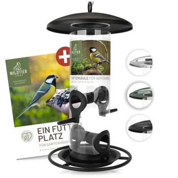 Klarer Vogelhäuschen mit schwarzem Deckel und Basis, mit einem Etikett, das "Futtersäule für Gartenvögel" liest und einen Bonus-Fütterungsleitfaden enthält.