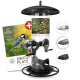 Klarer Vogelhäuschen mit schwarzem Deckel und Basis, mit einem Etikett, das "Futtersäule für Gartenvögel" liest und einen Bonus-Fütterungsleitfaden enthält.
