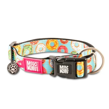 Hundehalsband mit buntem Donut-Muster, schwarzer Schnalle mit der Aufschrift „Max & Molly“ und rundem Anhänger mit der Aufschrift „I am lost! Return me please!“