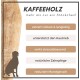 Kaffeholz-Hundekauartikel-Anzeige, die Vorteile hervorhebt: robust, unterstützt das Kauen, reduziert Stress, hilft bei der Zahnpflege und erfrischt den Atem.