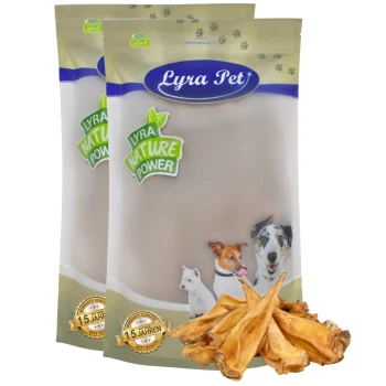 Zwei Beutel Lyra Tierhundeleckerlis mit der Aufschrift "Lyra Nature Power" mit Bildern eines Hundes, einer Katze und eines kleinen Hundes, neben getrockneten Leckerlis.