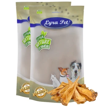 Zwei Beutel Lyra Tierhundeleckerlis mit der Aufschrift "Lyra Nature Power" mit Bildern eines Hundes, einer Katze und eines kleinen Hundes, neben getrockneten Leckerlis.