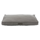 Graues Haustierbett mit einem schlichten Design, das einen strukturierten Stoff und ein kleines Etikett an der Seite aufweist.