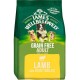 Green bag of James Wellbeloved dog food labeled "Grain Free Adult" with a yellow section stating "Lamb and Vegetables," featuring three playful dogs.