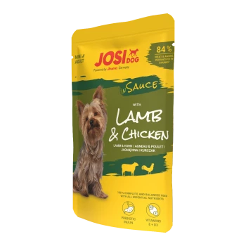 JosiDog Mini Adult Hundenahrung im Beutel mit Lamm und Huhn in Sauce, mit kleinem Hund und 84 % Fleischanteil.