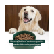 Lächender Golden Retriever, der über einen Tisch zu einer grünen Futterschüssel mit Kroketten herüberblickt, deutscher Text: für empfindliche Verdauung, hypoallergen.