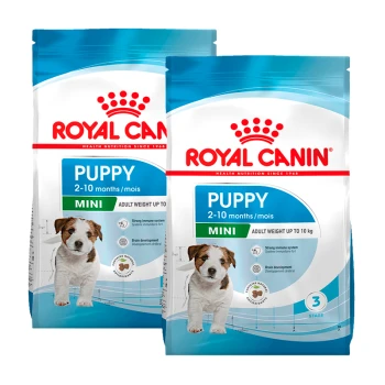 Royal Canin Puppy food bags for mini breeds, suitable for puppies aged 2-10 months, with nutritional benefits highlighted.