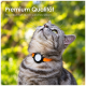 Nahaufnahme einer grauen Katze mit einem orangefarbenen Halsband und einem weißen Schild, die gegen einen verschwommenen grünen Hintergrund schaut.